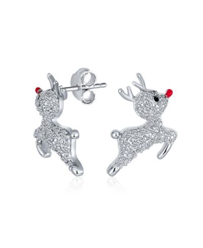 Bling Jewelry праздничные серьги-гвоздики с оленем Рудольфом и красным носом, паве из кубического циркония, серебро 925 пробы