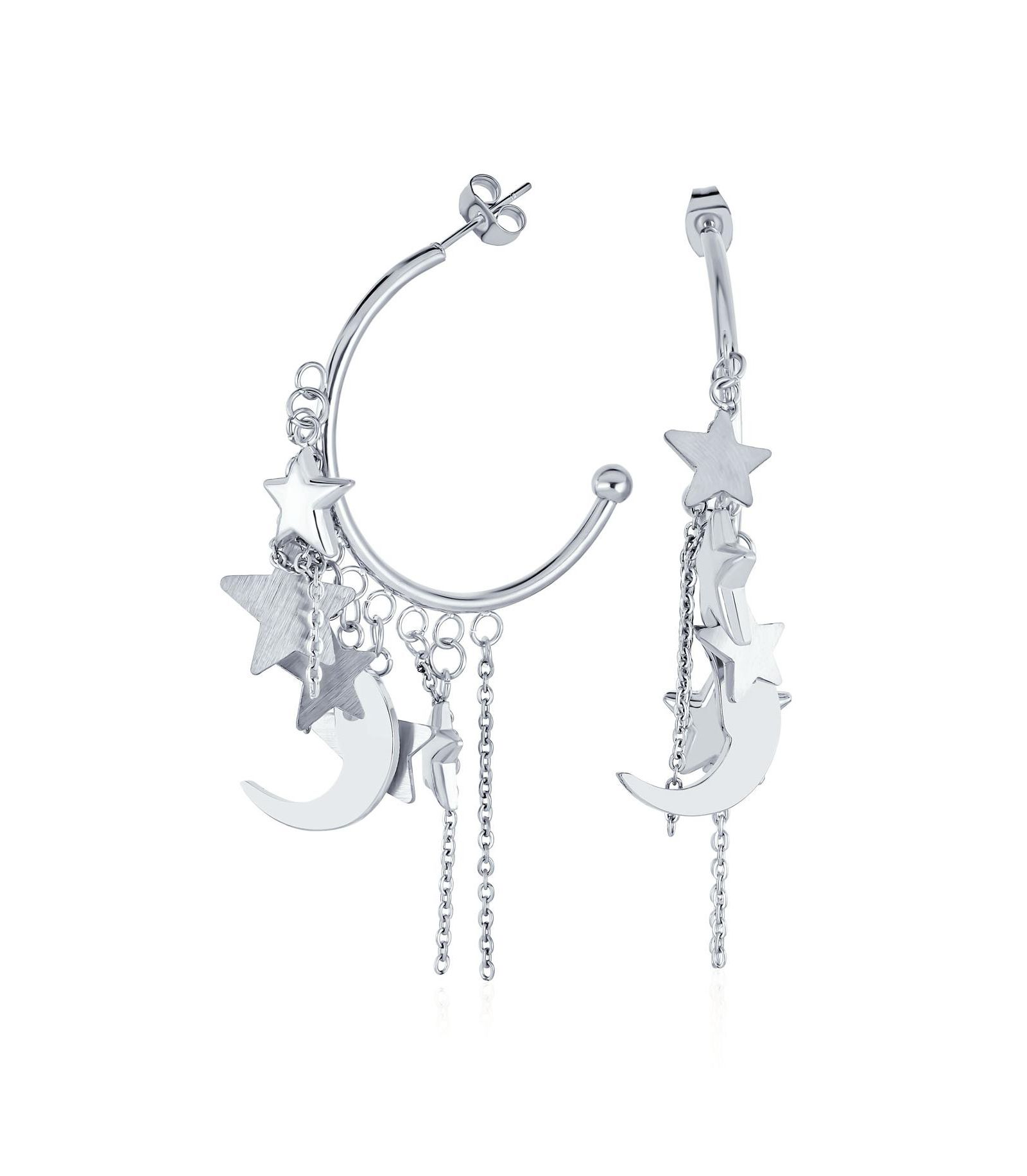 Bling Jewelry Crescent Moon Stars Dangling Charm Hoop Statement Earrings Stainless Steel