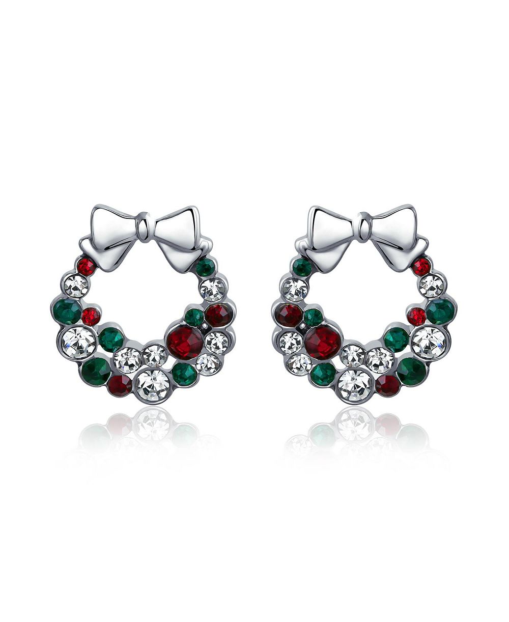 Bling Jewelry Festive Holiday Wreath Stud Earrings Red Green White Crystal Silver Plated