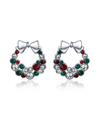 Серьги-гвоздики Bling Jewelry Fashion Sparkling Christmas Bow Red Green White Crystal Holiday Wreath Silver Plated