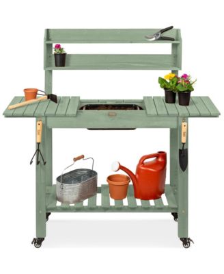 Best Choice Products Wood Garden Potting Bench Workstation, Sliding Tabletop, 4 Locking Wheels, Dry Sink
