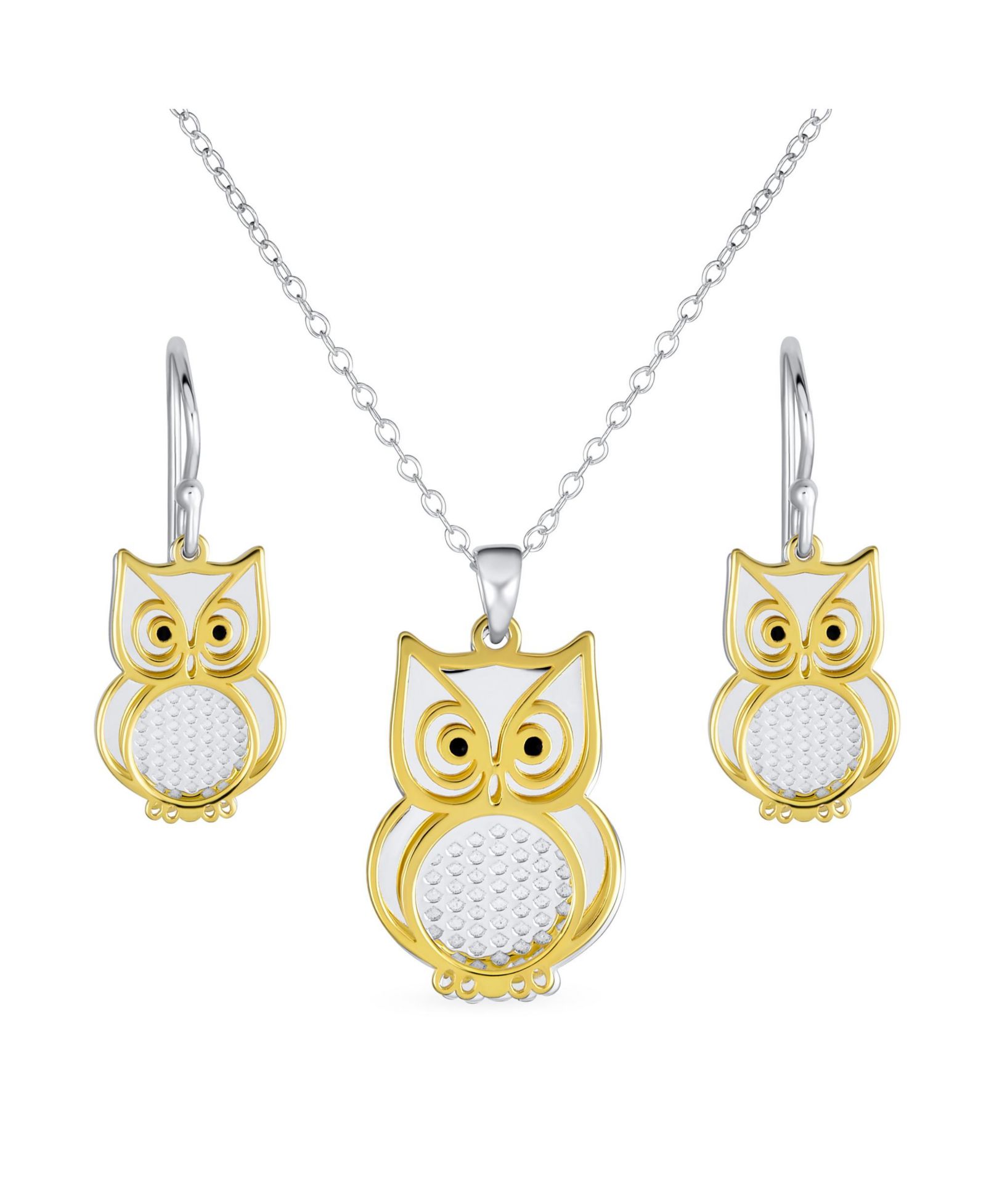 Ювелирный набор Bling Jewelry: кулон и серьги в виде совы, двухцветное покрытие, позолота, серебро
