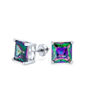 Bling Jewelry Rainbow Cubic Zirconia Princess Cut Stud Earrings Sterling Silver
