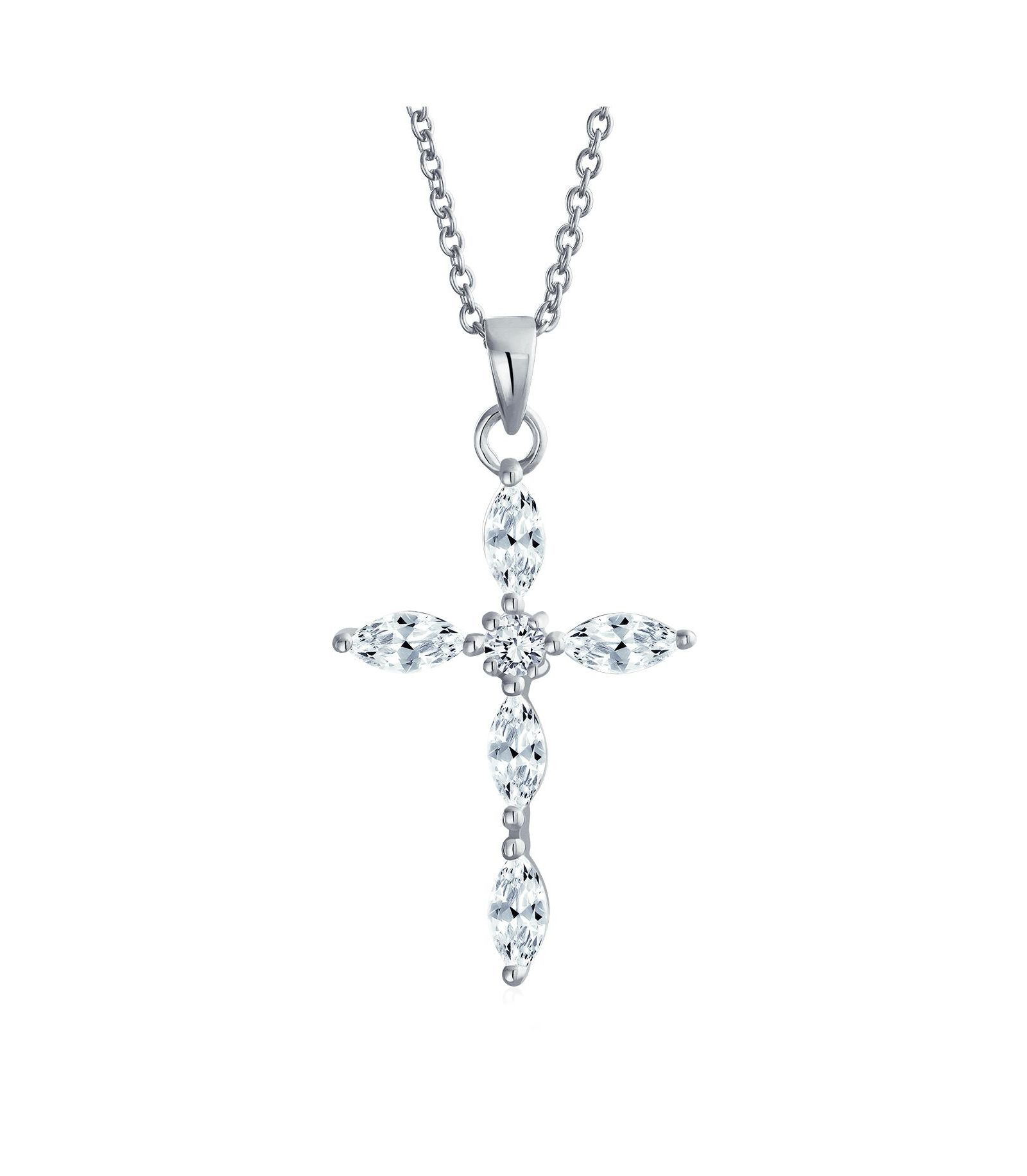 Подвеска-кулон Bling Jewelry с изысканным деликатным камнем Marquise Cubic Zirconia в форме религиозного креста из серебра 925 пробы