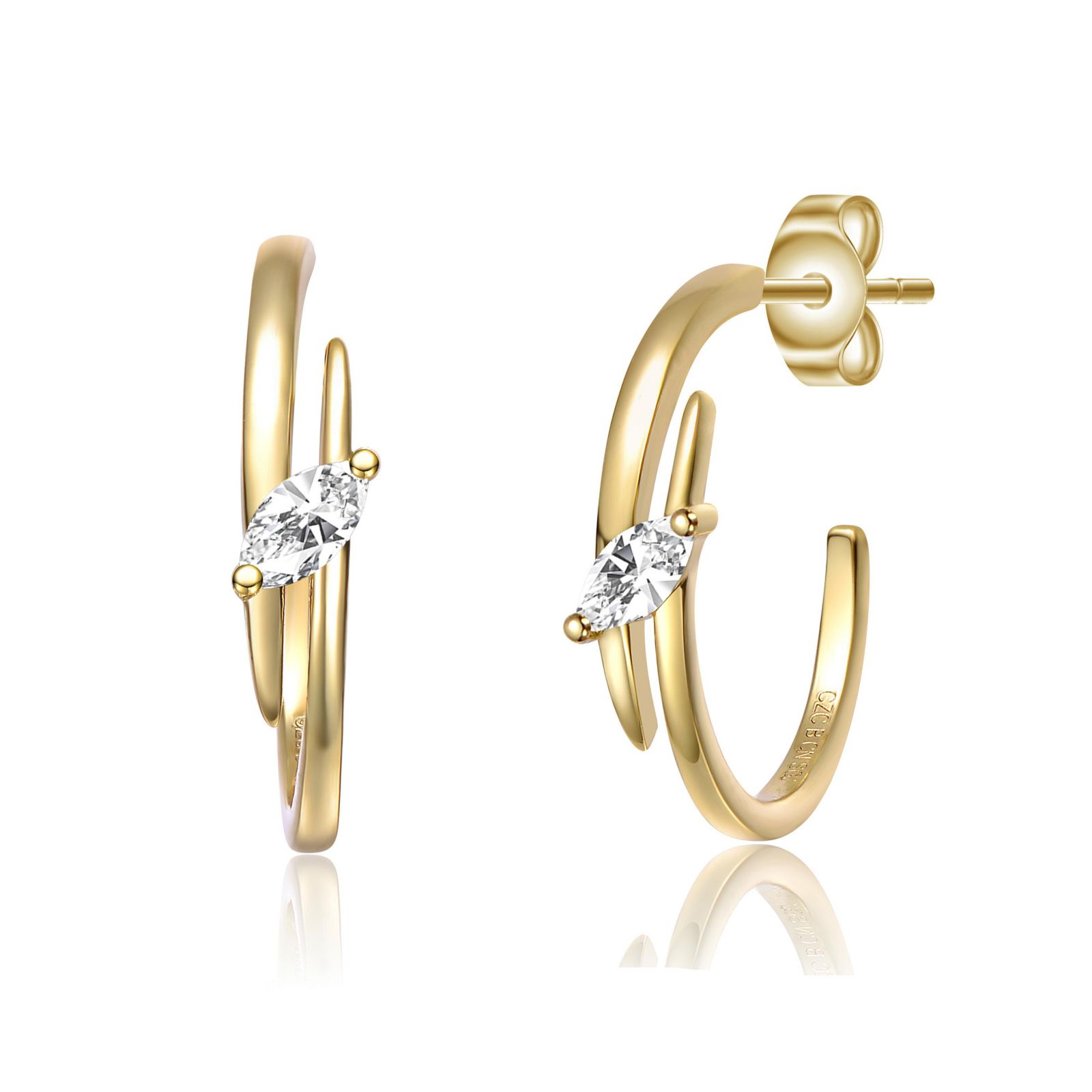 Genevive Sterling Silver 14K Gold Plated CZ Double Curve C-Hoop Earrings