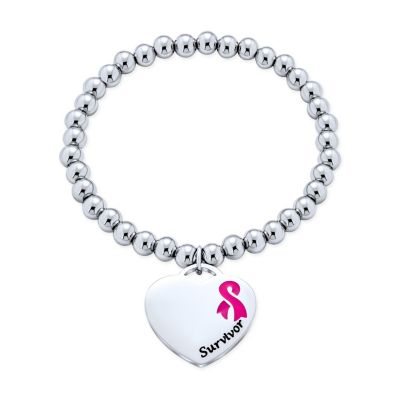 Bling Jewelry Blood Thinner Pink Ribbon Survivor Heart Medical ID Stretch Bracelet Steel