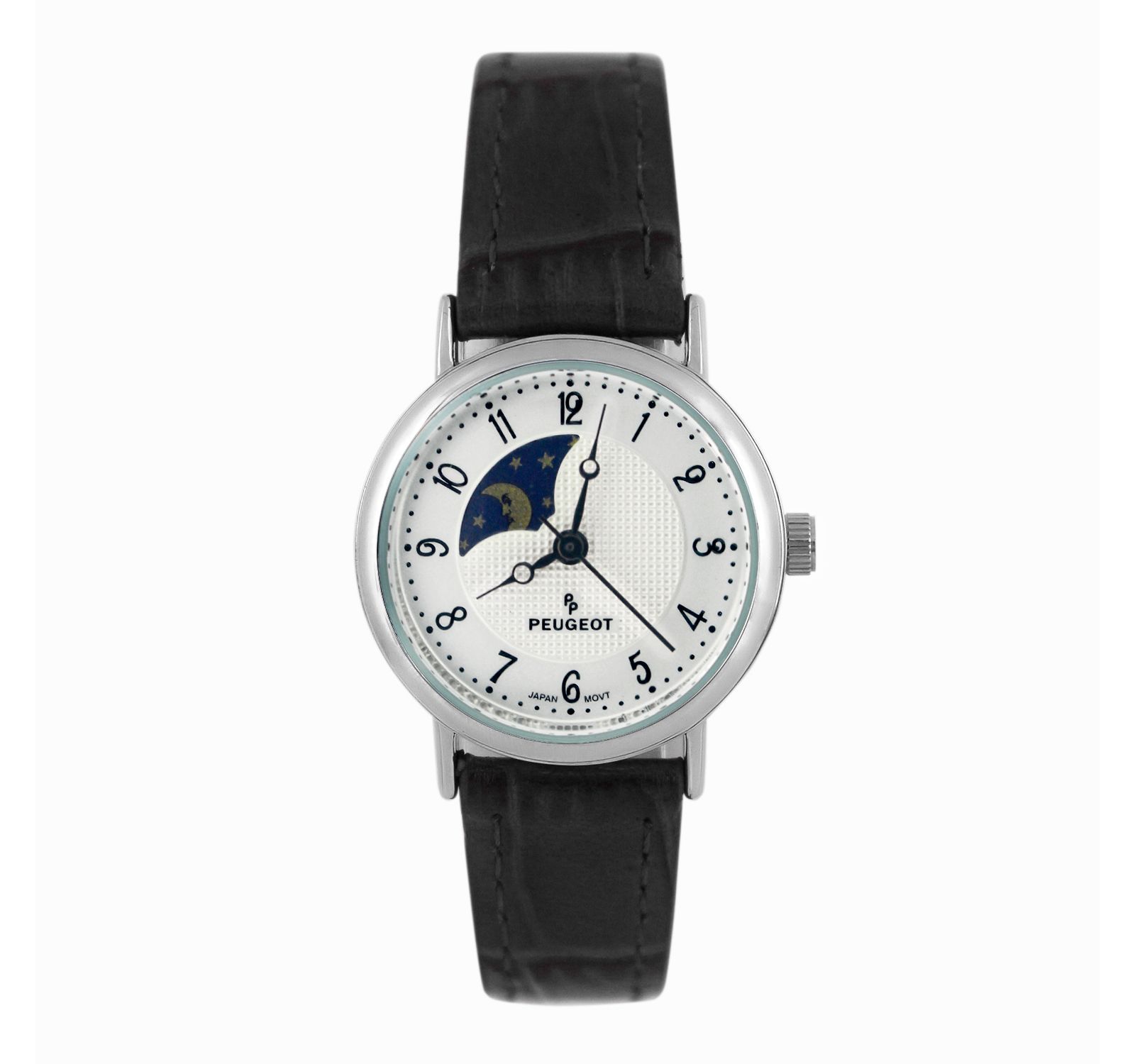 Peugeot Women's 26mm Sun-Moon Phase Silver Watch with Black Leather Strap