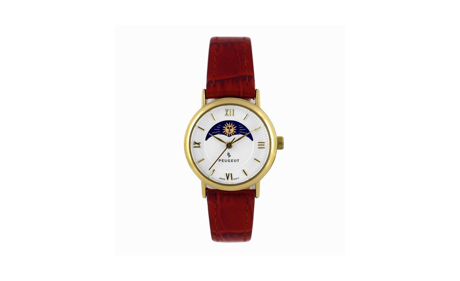 Женские часы Peugeot 26mm Sun-Moon Phase Gold с коричневым кожаным ремешком