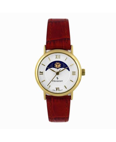 Женские часы Peugeot 26mm Sun-Moon Phase Gold с коричневым кожаным ремешком