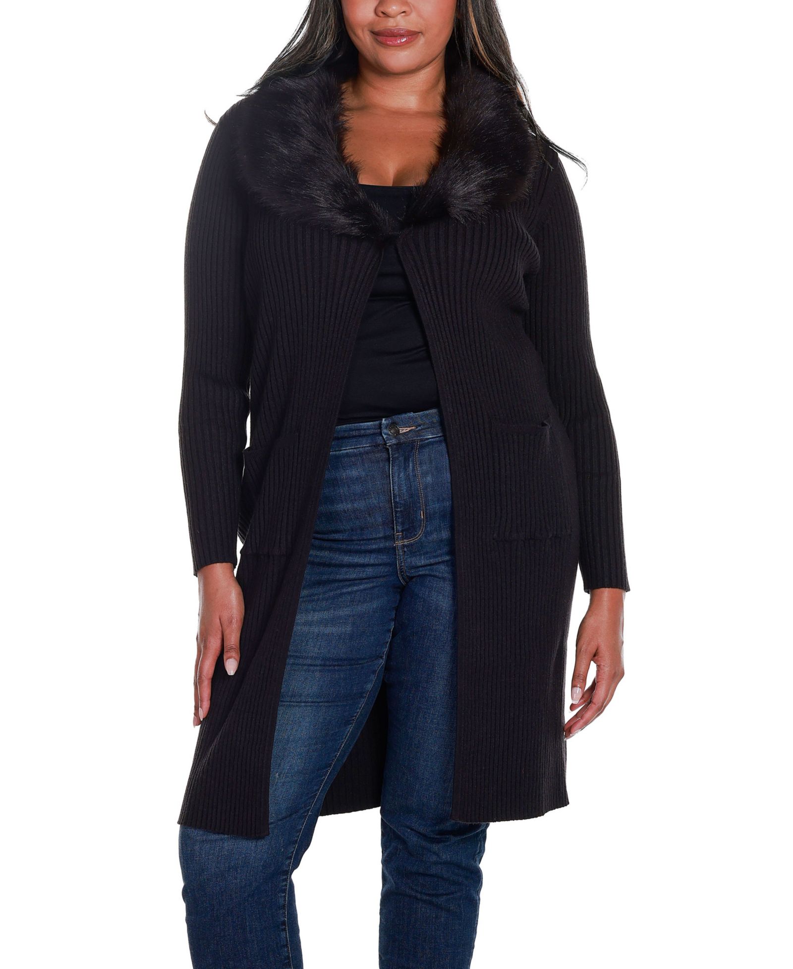 Belldini Black Label Plus Size Ribbed Collar Duster Cardigan Sweater