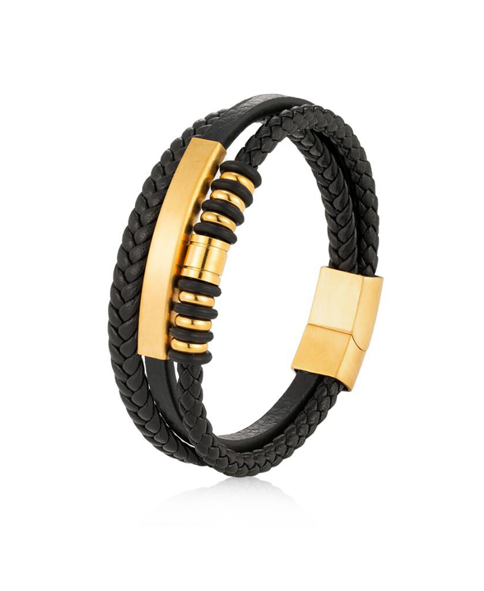 Rhona Sutton Multi Leather Black Gold Identification Stainless Steel Bracelet