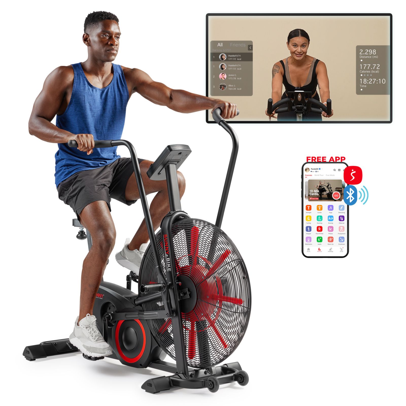 Sunny Health & Fitness Smart Air Resistance Fan Bike with Bluetooth SunnyFit App & Full-Body HIIT Training