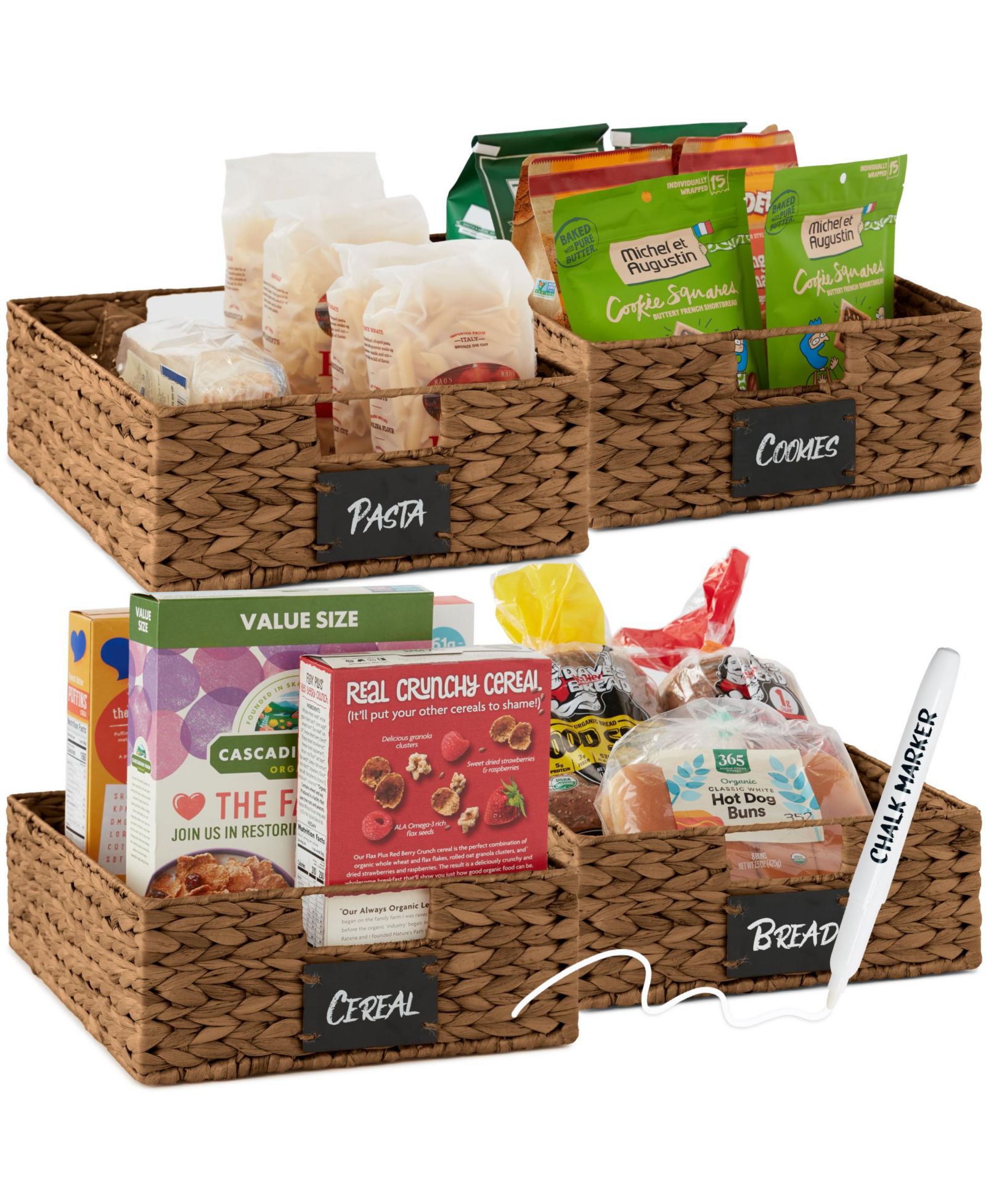 Best Choice Products Set of 4 16x12in Woven Water Hyacinth Pantry Baskets w/ Chalkboard Label, Chalk Marker