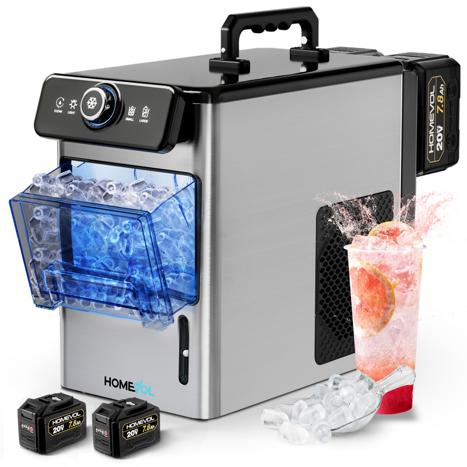 Portable Ice Maker with Battery - 8 Min Rapid Ice, 4.5H Cordless, Dual Mode (AC/DC), Self-Cleaning, Bullet Ice, Stainless Steel