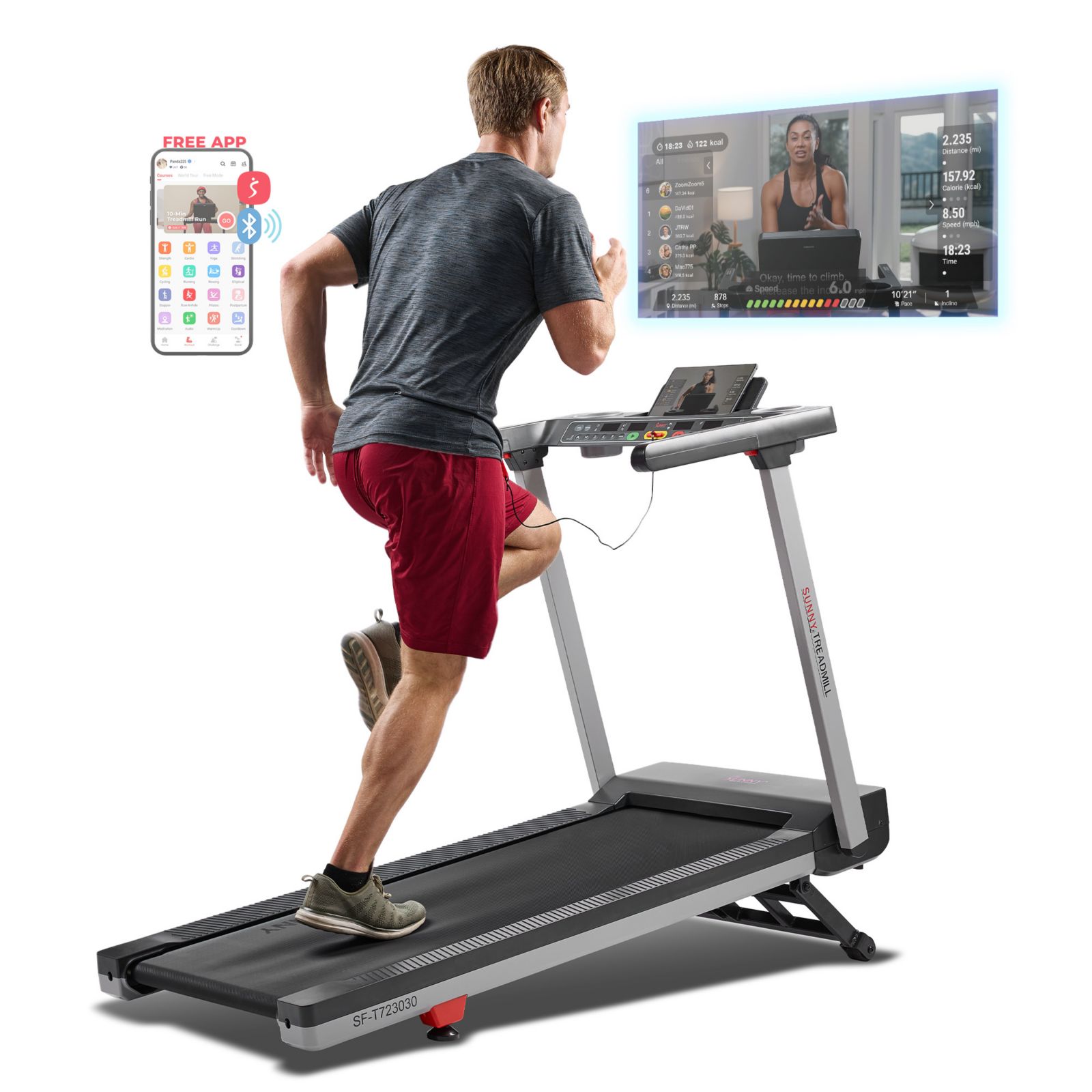 Sunny Health & Fitness Foldable 15 Level Auto Incline Treadmill, 20" Wide Running Belt, Quiet Brushless Motor, Digital Display, 300 LB Weight Capacity