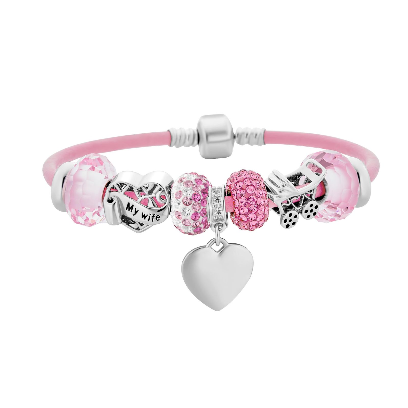Браслет Bling Jewelry с бусинами и подвесками «My Wife», розовая кожа, стерлинговое серебро, 7,5"
