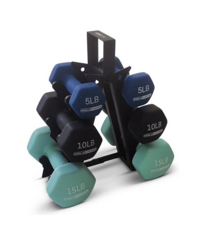 HolaHatha 5, 10, and 15 LB Neoprene Dumbbell Free Hand Weight Set w/ Rack, Multi