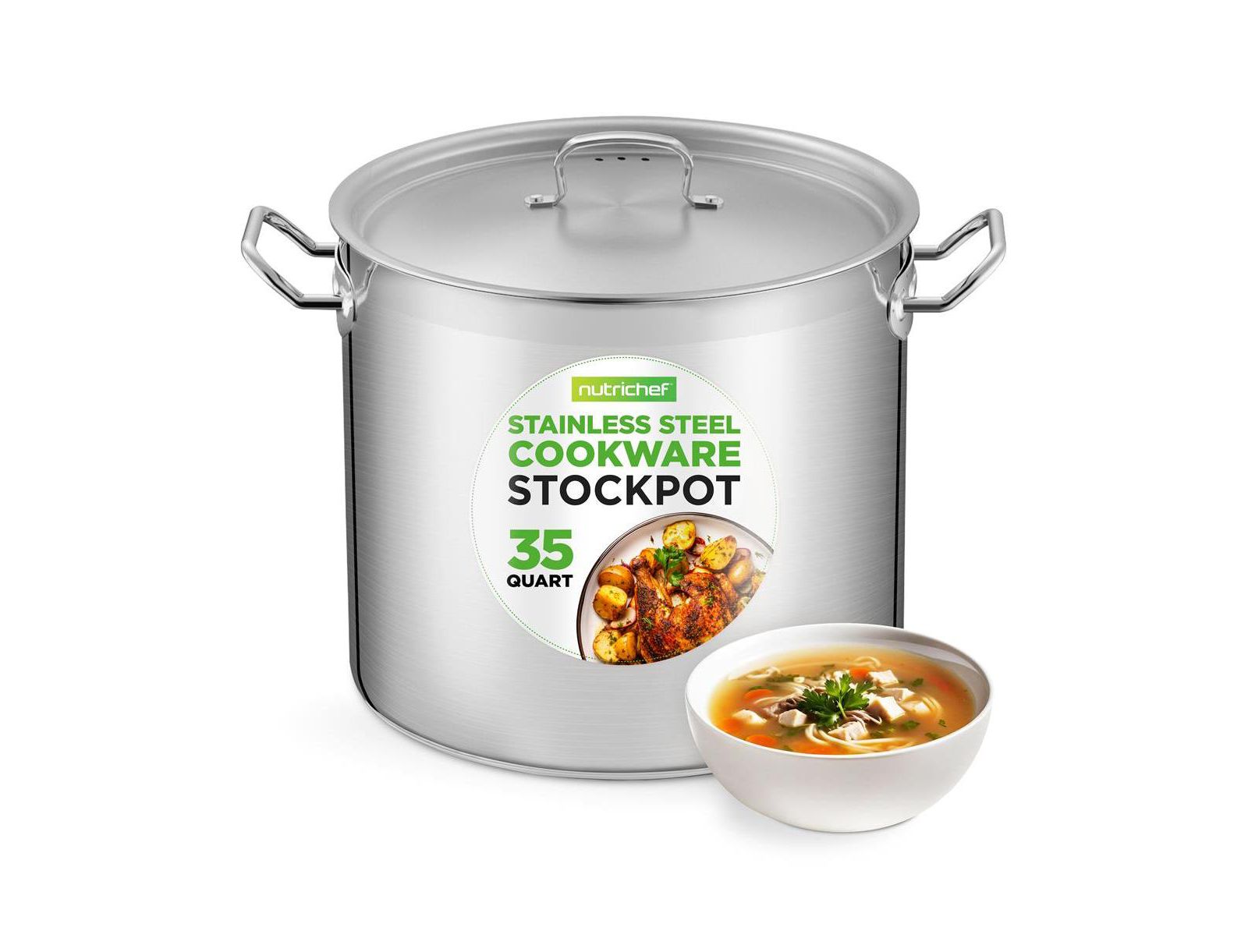 NutriChef Stainless Steel Cookware Stockpot - 35 Quart, Heavy Duty Induction Pot, Soup Pot With Stainless Steel Lid
