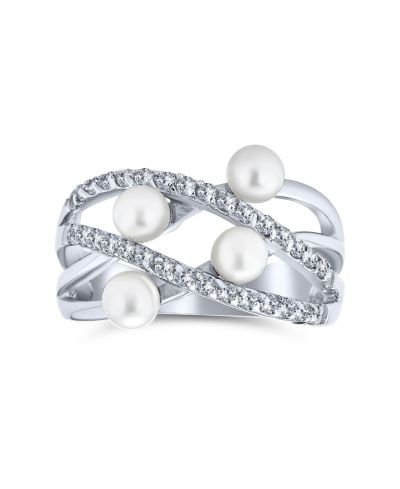 Bling Jewelry Criss Cross White Faux Pearl Statement Band Cocktail Ring Sterling Silver