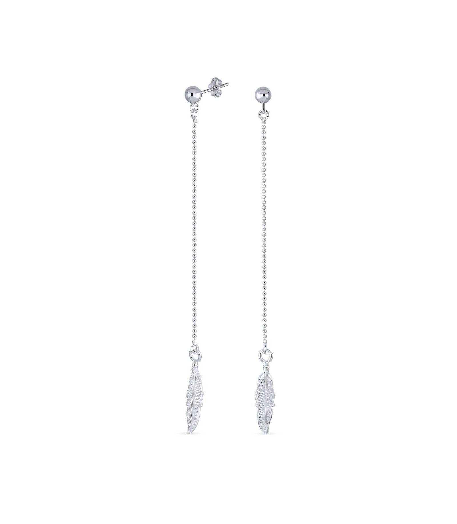 Bling Jewelry Western Style Long Feather Leaf Dangle Earrings .925 Sterling Silver