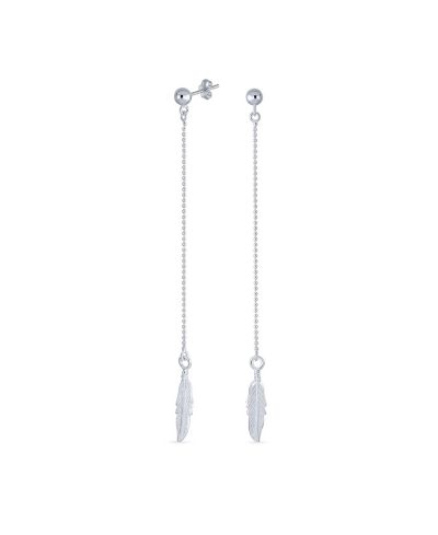 Bling Jewelry Western Style Long Feather Leaf Dangle Earrings .925 Sterling Silver