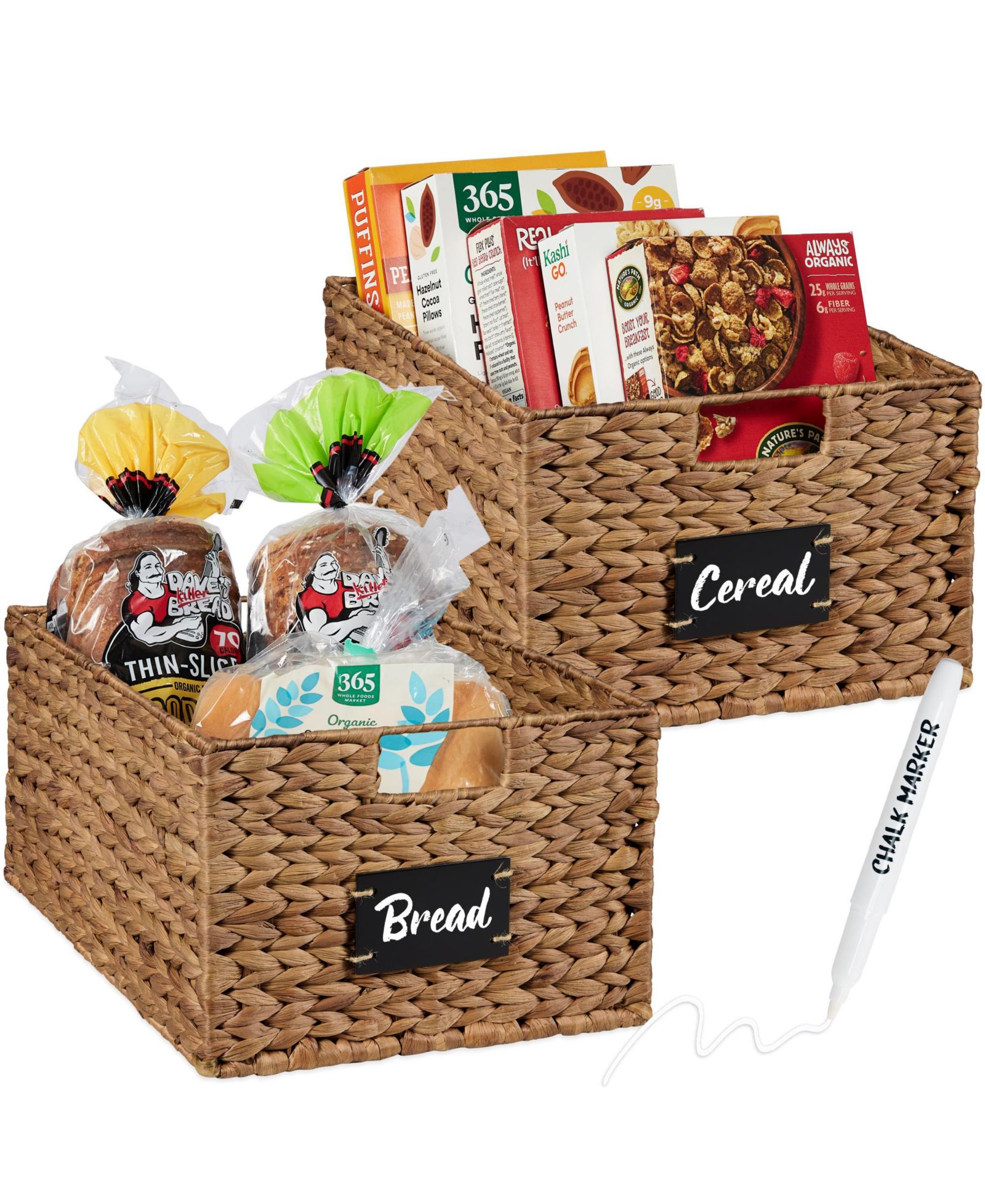 Best Choice Products Set of 2 ,16in Woven Water Hyacinth Pantry Baskets  Chalkboard Label, Chalk Marker