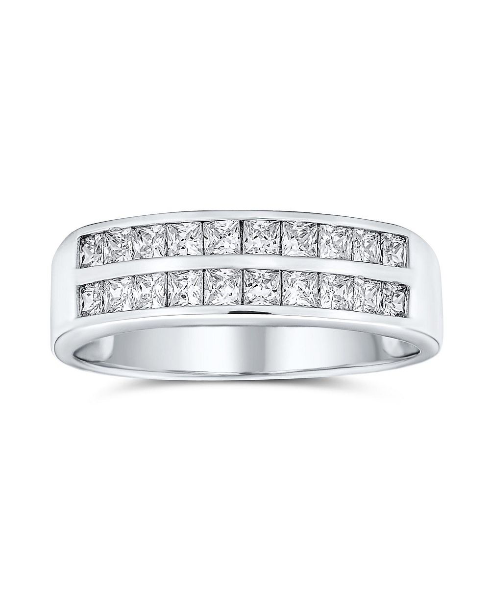 Bling Jewelry Cubic Zirconia Sterling Silver Princess Cut Two-Row Channel Set Wedding Band Ring