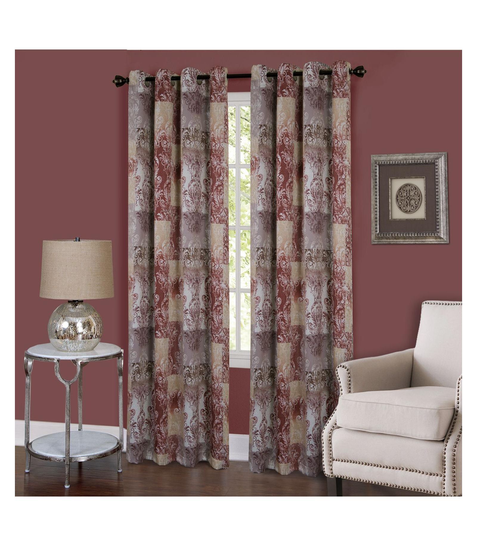 Kate Aurora Traditional Designs 2 Pack Atlanta Scroll Grommet Top Curtain Panels - 84 in. Long - Marsala