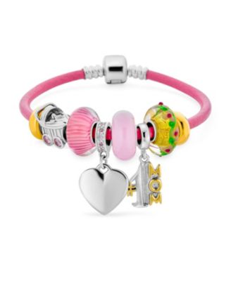 Bling Jewelry Mom #1 Heart European Bead Charm Bracelet Sterling Silver Pink Leather 7.5"