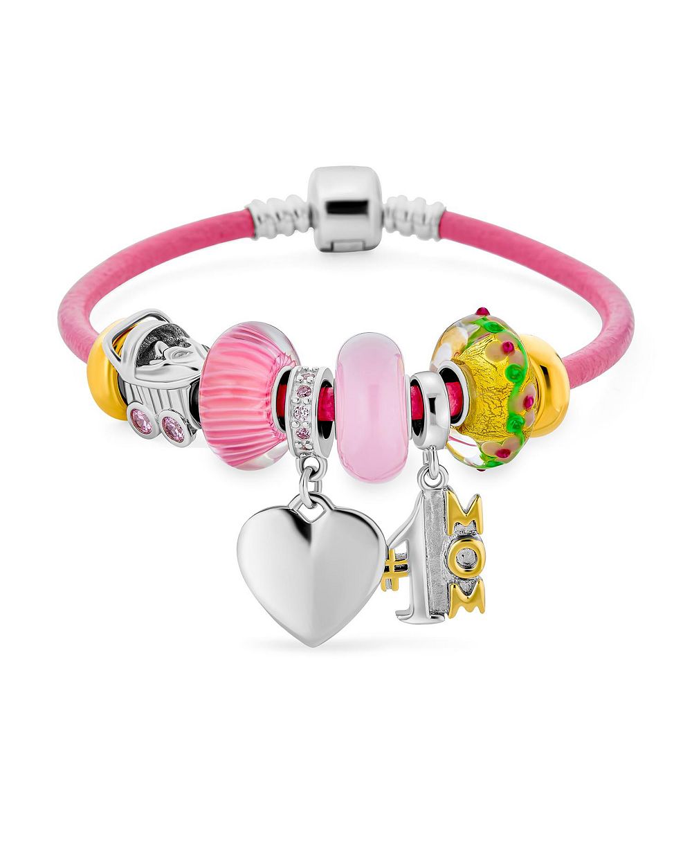 Bling Jewelry Mom #1 сердце европейский бисер шарм браслет стерлинговое серебро розовая кожа 7"