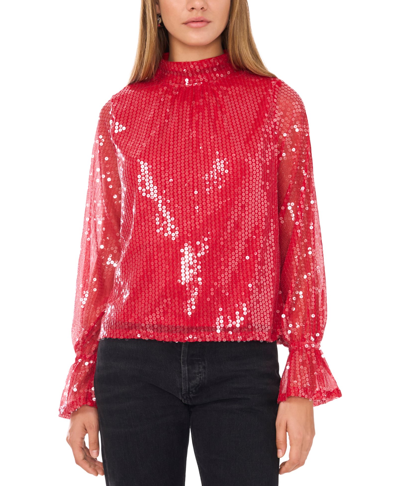 1.STATE Women's Sequin Draped-Back Mock-Neck Top