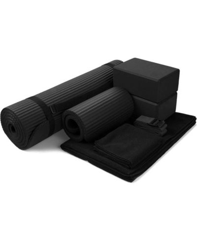 BalanceFrom Fitness 7 Piece Yoga Set with Mat, Stretch Strap and Knee Pad, Black