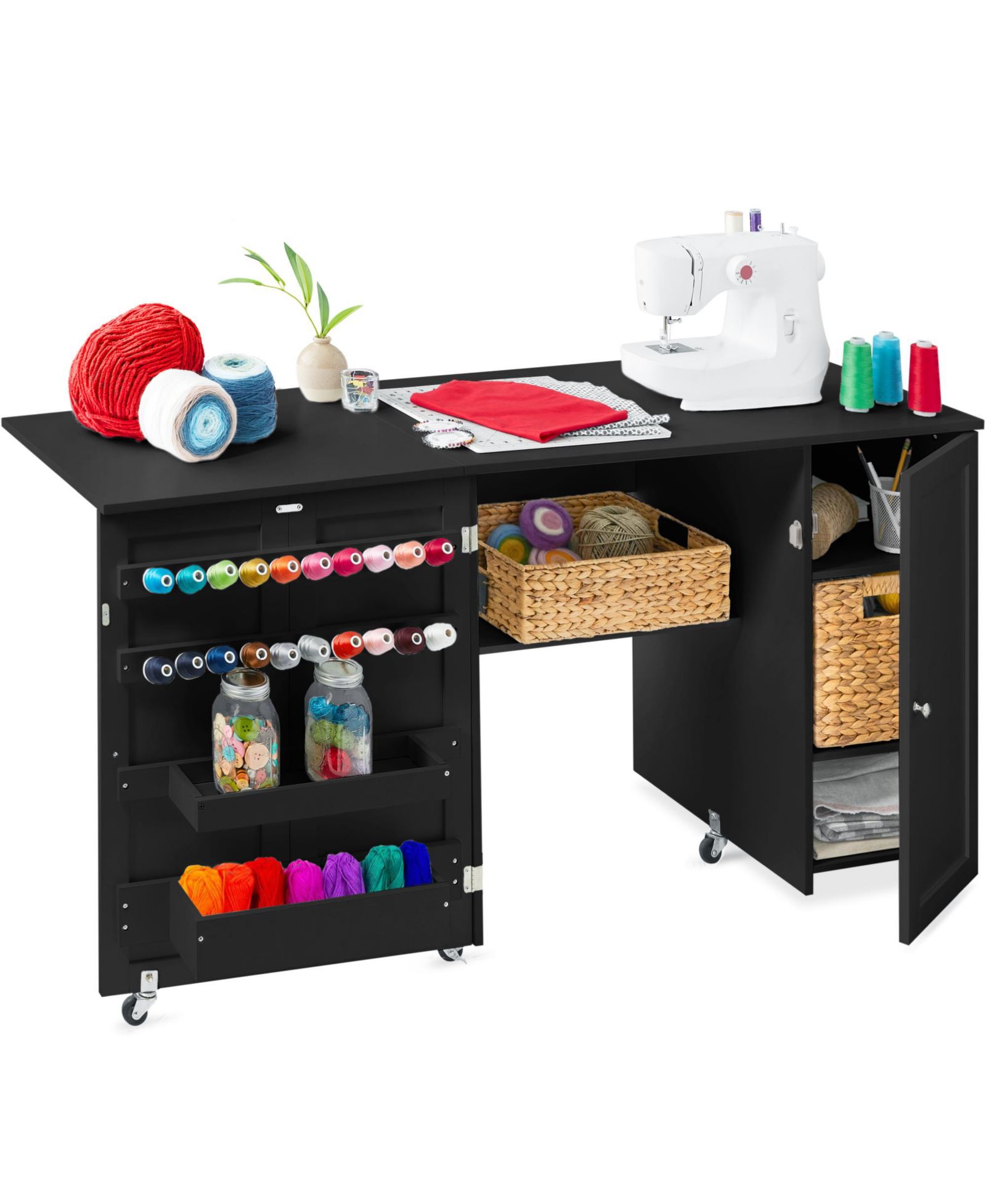 Best Choice Products Large Portable Multipurpose Folding Sewing Table w/ Magnetic Doors, Craft Storage