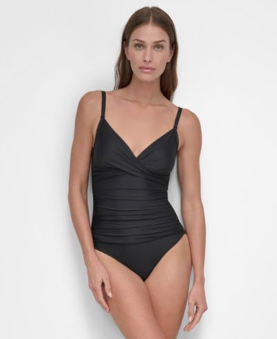 DKNY Women's Crossover Tummy Control Ruched One-Piece Swimsuit
