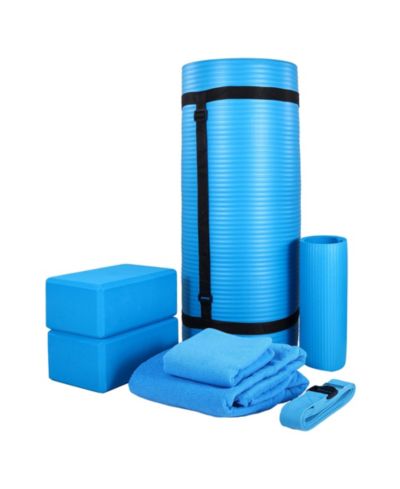 BalanceFrom Fitness 7 Piece Yoga Set with Mat, Stretch Strap, and Knee Pad, Blue