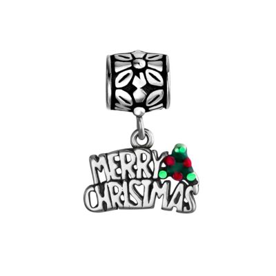 Bling Jewelry подвесной шарм из стерлингового серебра .925 с надписью Merry Christmas, зеленый падуб, красная ягода, рождественская тематика