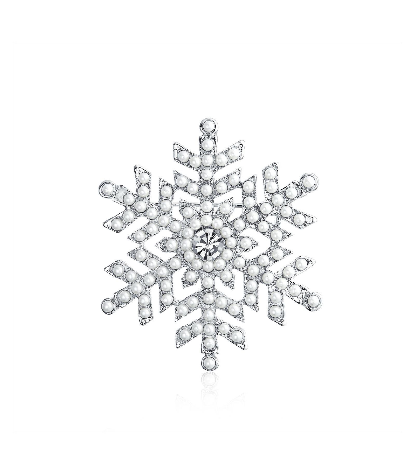 Bling Jewelry Christmas Crystal Simulated White Pearl Snowflake Brooch Scarf Pin
