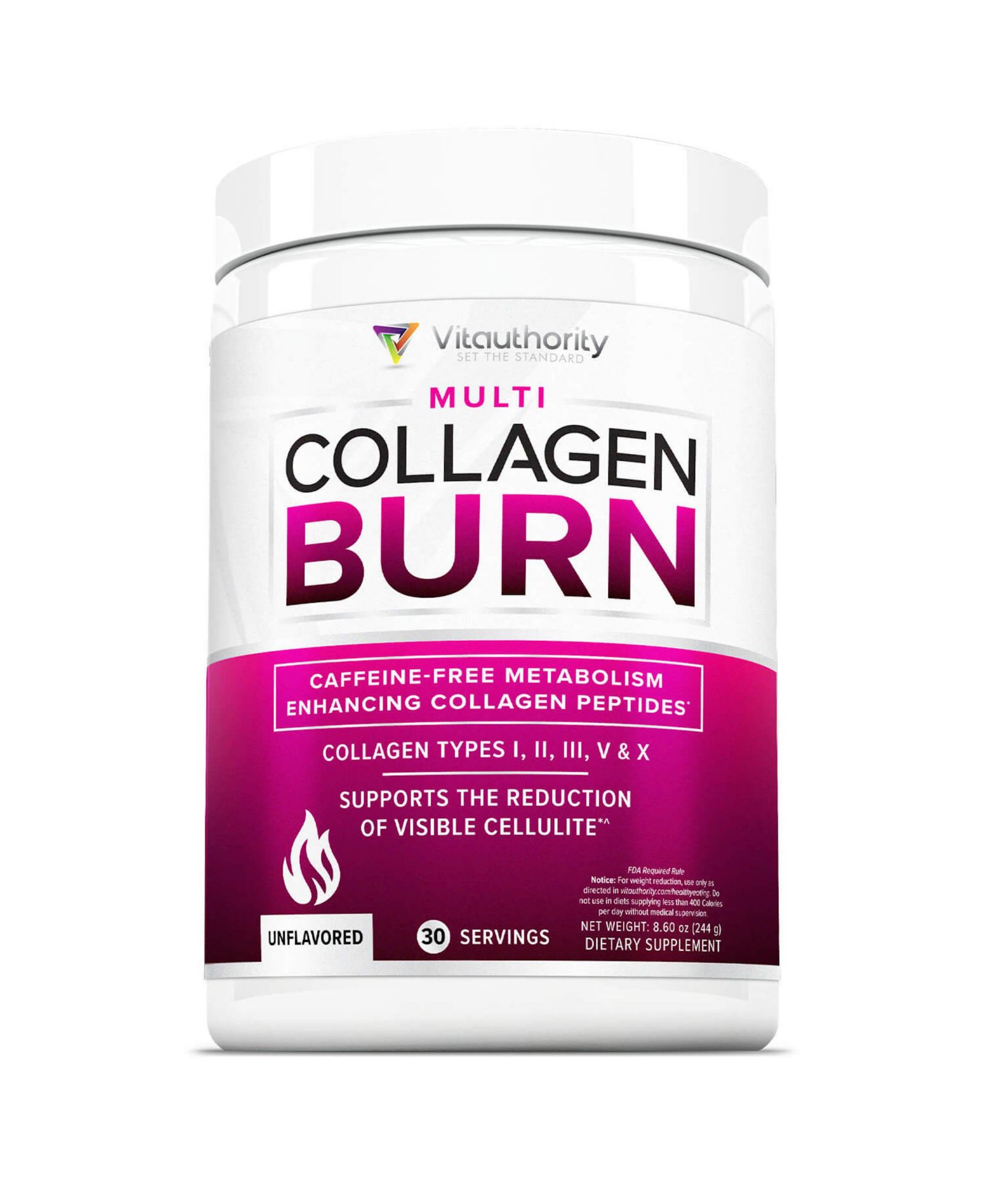 Vitauthority Multi Collagen Burn Powder, Hydrolyzed Collagen Peptides Powder with Types I II III V X for Weight Loss Support, Unflavored 30 Servings