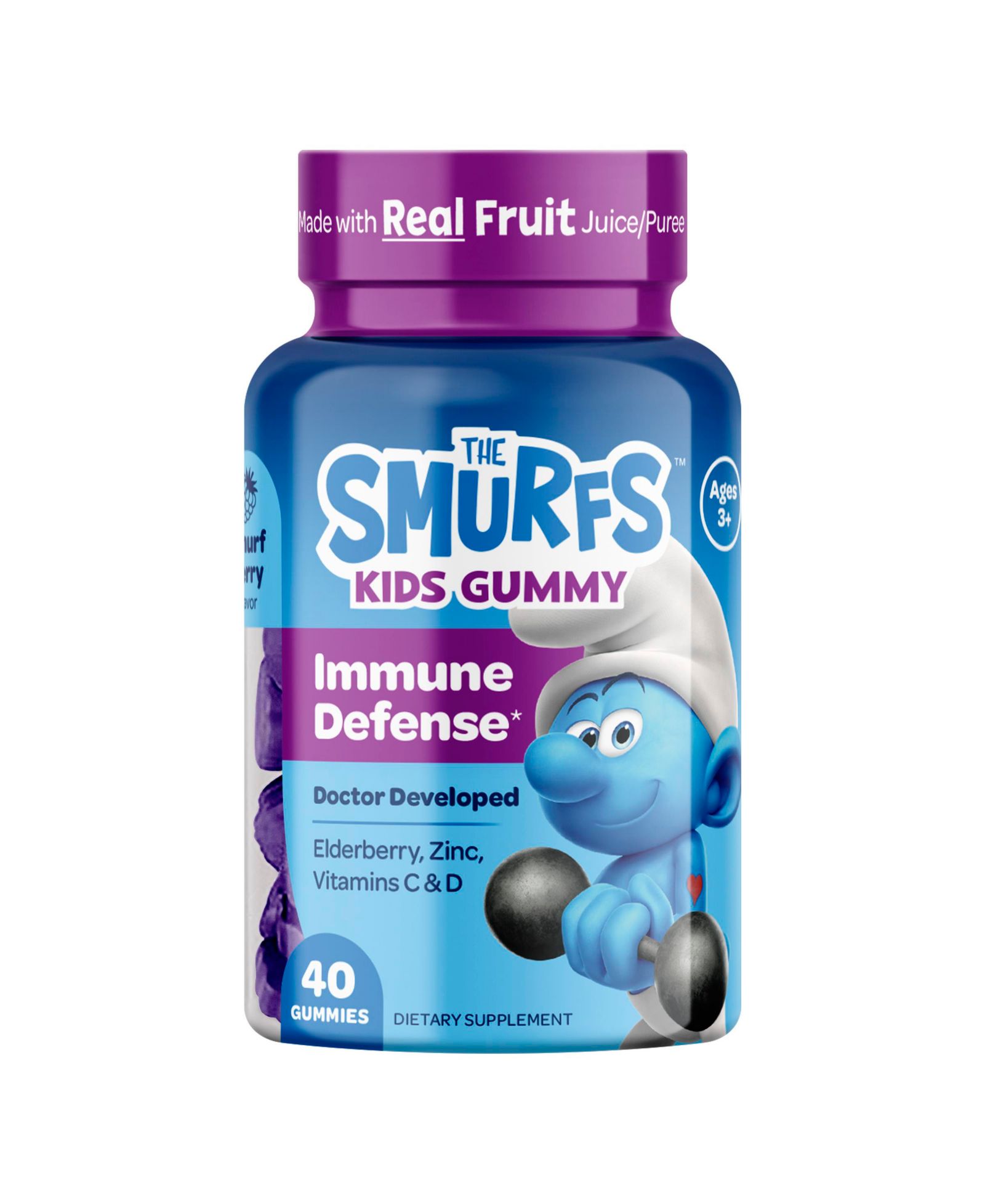 Smurfs Kids Immune Support Gummies - Black Elderberry, Vitamin C and Zinc Immunity Gummies - Doctor Developed, Non-GMO - 40 Gummies