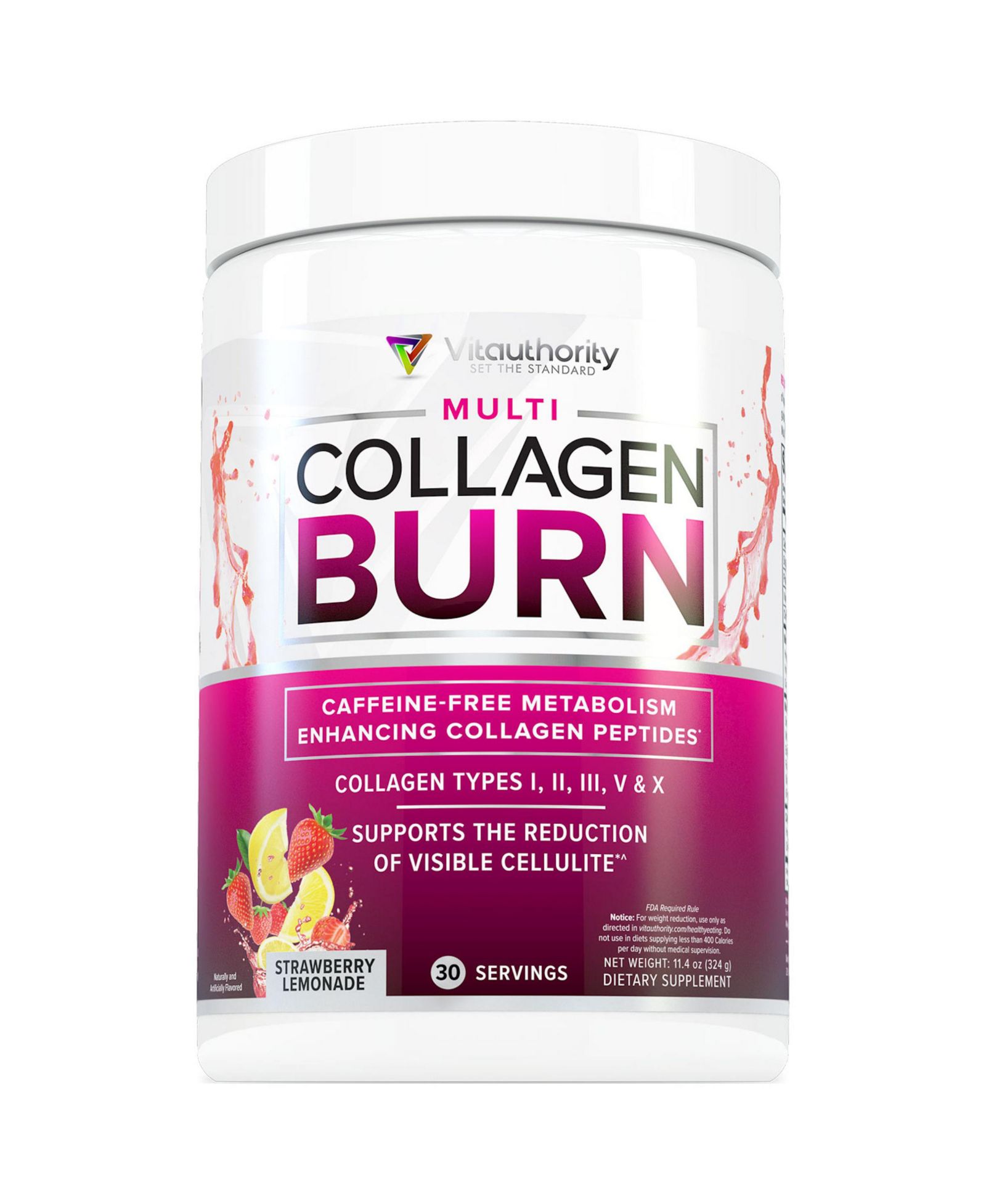 Vitauthority Multi Collagen Burn Hydrolyzed Collagen Peptides Powder with Types I II III V X, Supports Weight Loss, Strawberry Lemonade, Vitauthority, 30 servings