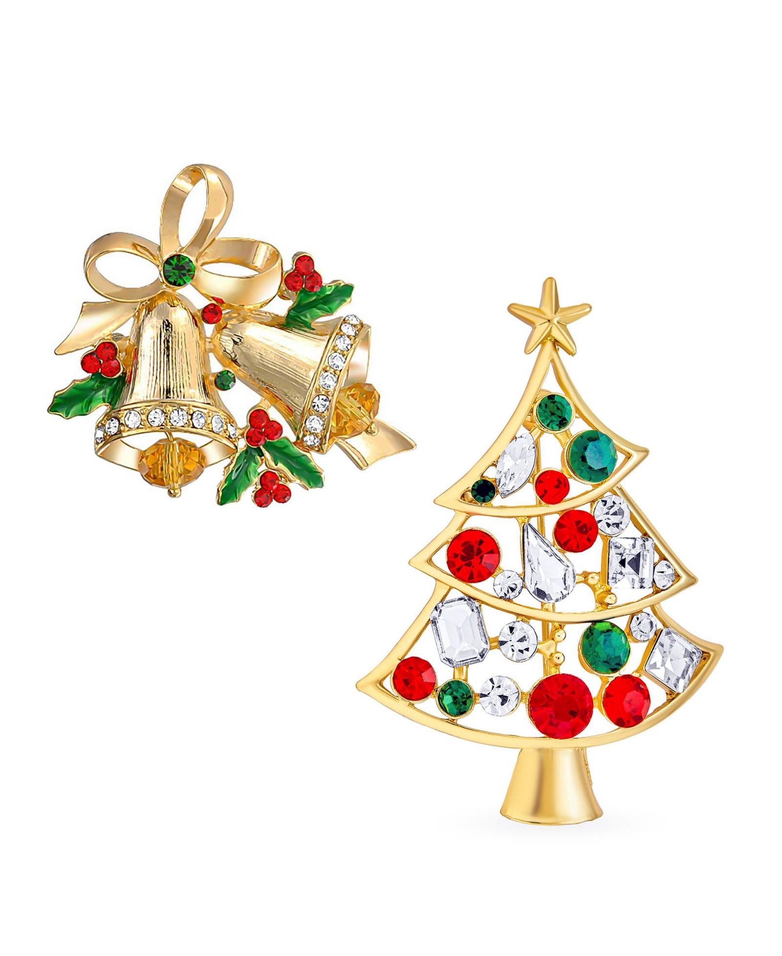 Bling Jewelry Colorful Christmas Tree and Bells Crystal Brooch Pin Gold Plated Set-2