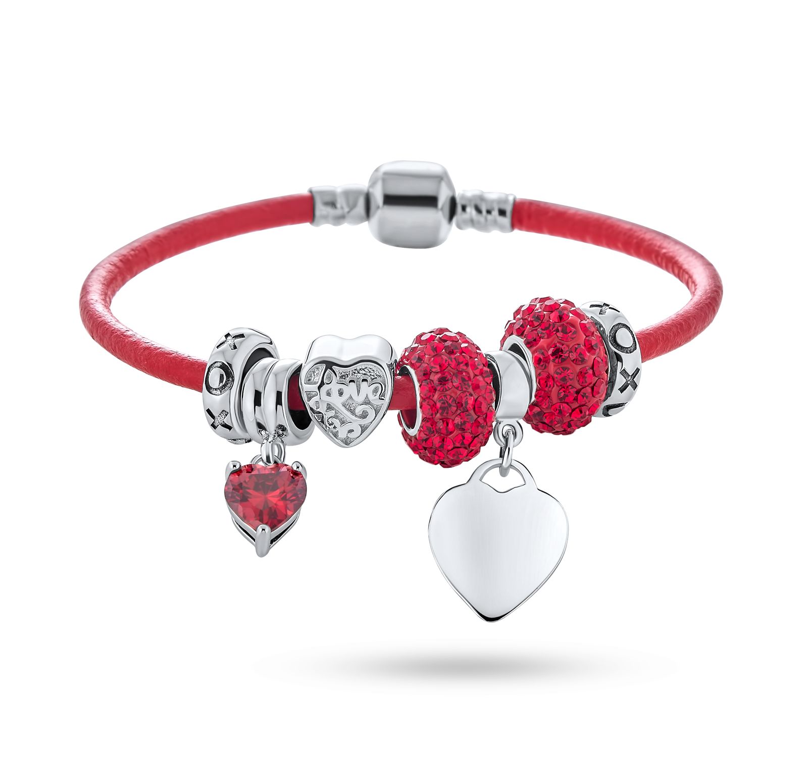 Браслет Bling Jewelry с сердечком и бусинами, красный кожаный ремешок, застежка из стерлингового серебра, 7"