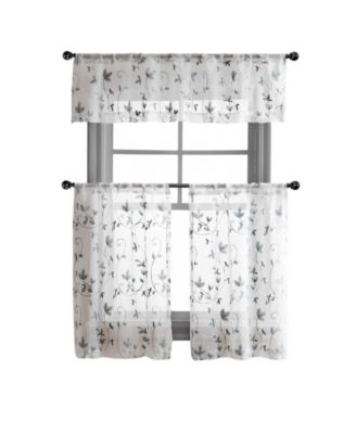 Kate Aurora Floral Embroidered Sheer Rod Pocket Kitchen Curtain Tier & Valance Set