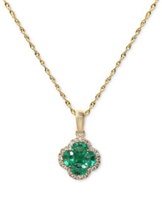 Emerald (5/8 ct. t.w.) & Diamond (1/10 ct. t.w.) Clover Halo Cluster Pendant Necklace in 14k Gold, 16" + 2" extender