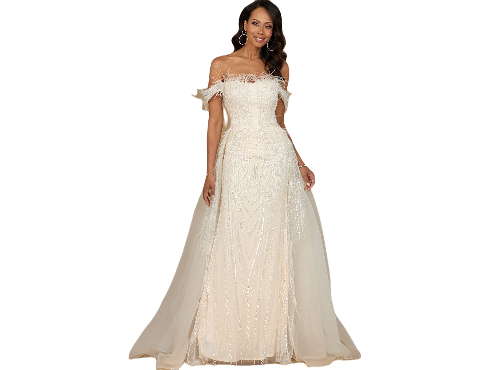 Lara Women's Off Shoulder Gown with Feathers