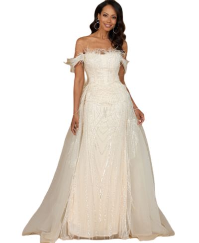 Lara Women's Off Shoulder Gown with Feathers
