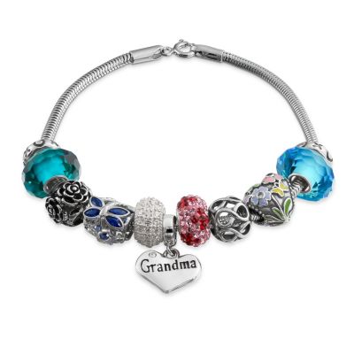 Bling Jewelry Grandma Heart European Bead Charm Bracelet Sterling Silver Snake Chain 8"