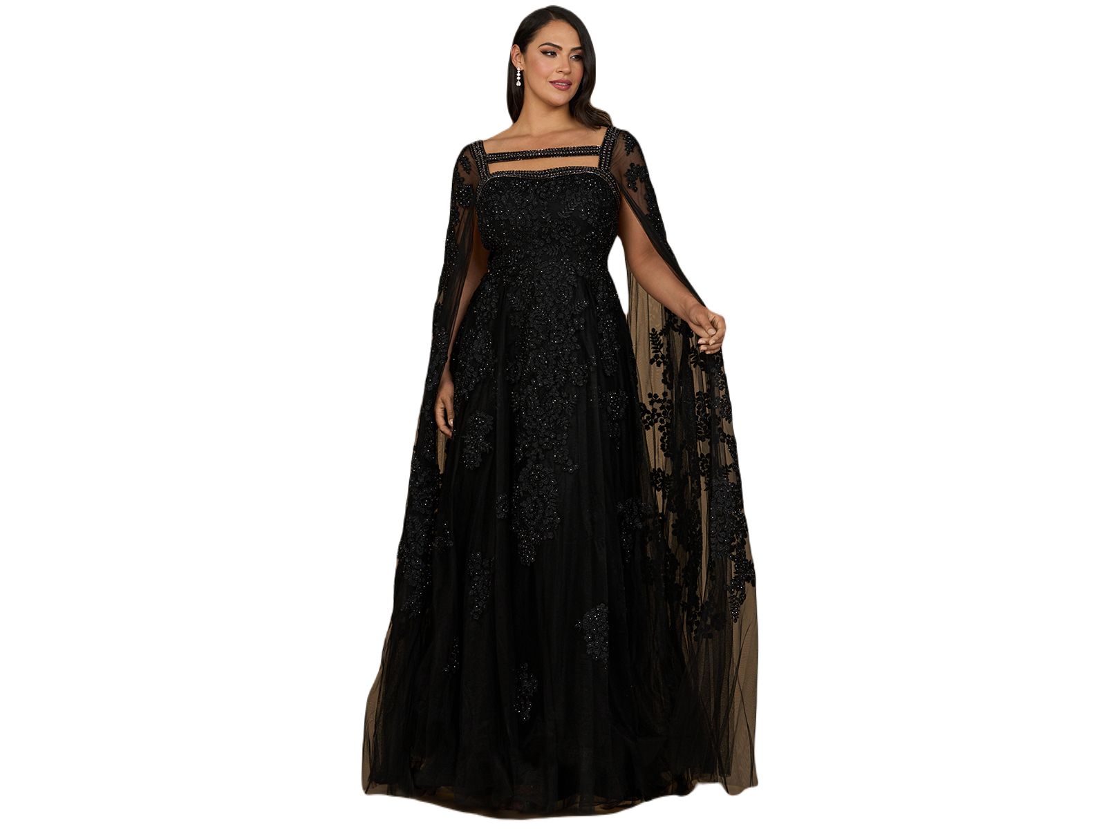 Lara Women's Embroidered gown with long cape sleeves
