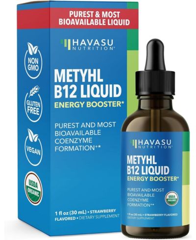 Methyl B12 Energy Booster Liquid Drops, Vitamin Energy Boost, B12 Bioavailable Form for B12 Pathway, Strawberry Flavored, Havasu Nutrition, 1 fl oz