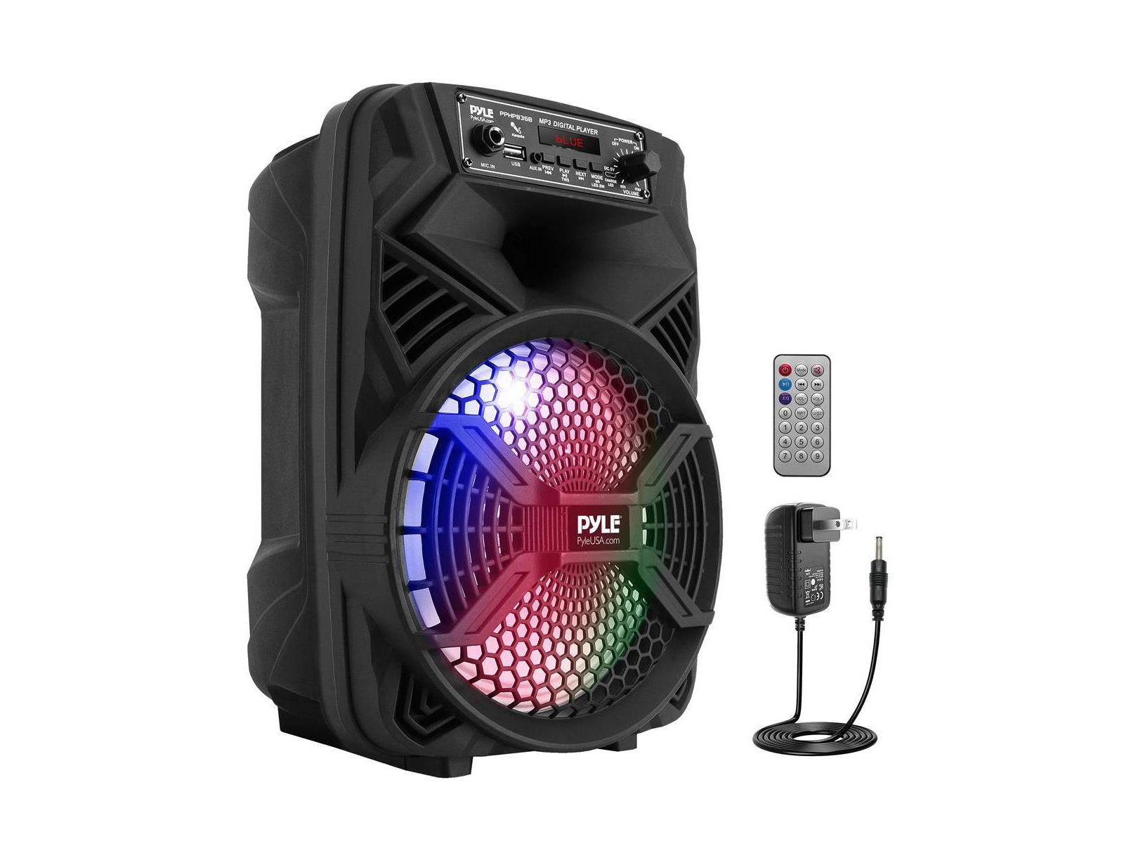 Pyle 8” Bluetooth Portable PA Speaker With Rechargeable Battery, Party Lights & FM Radio, 300 Watt